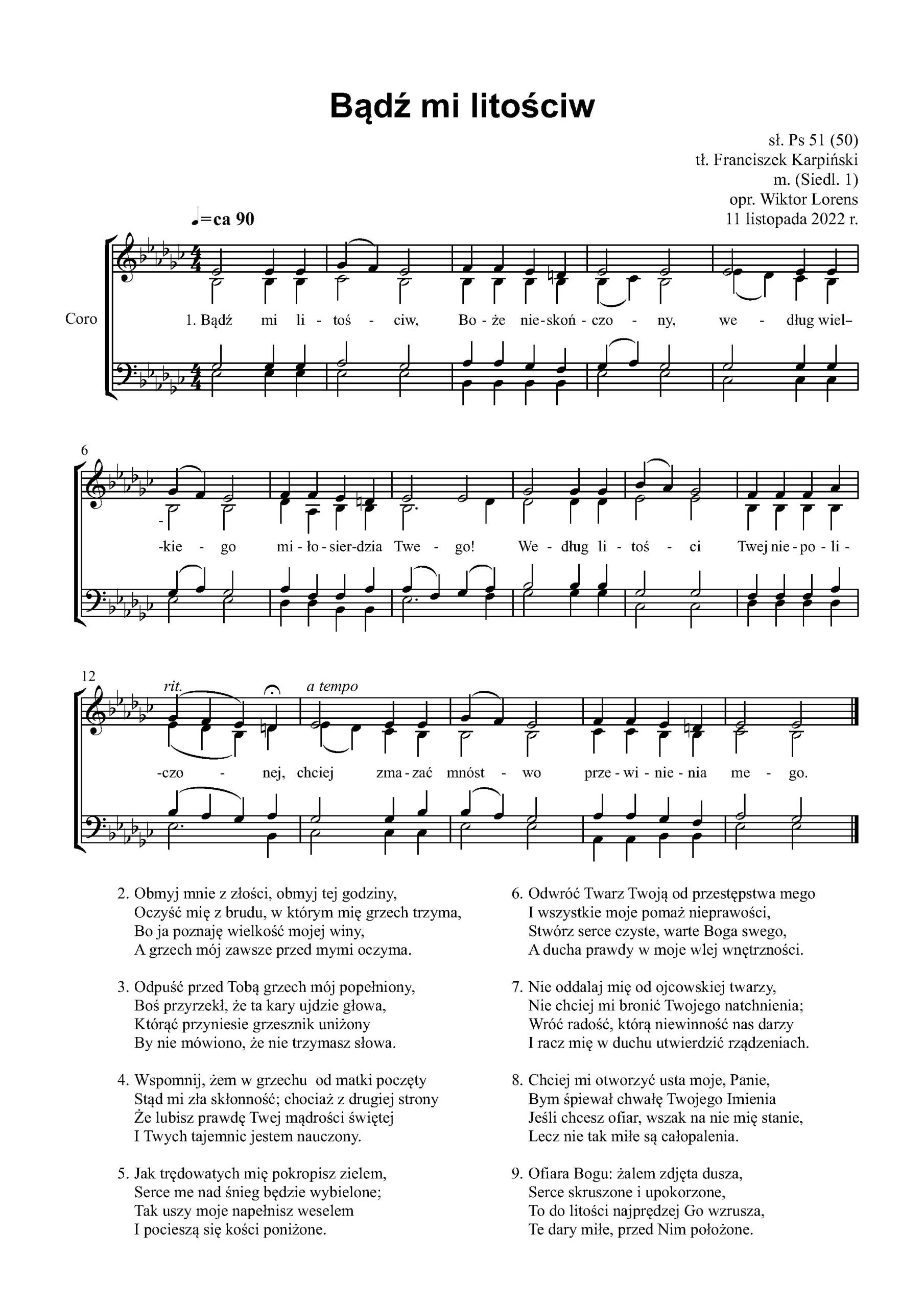 Bądź mi litościw – nuty na chór mieszany SATB w opracowaniu Wiktora Lorensa.