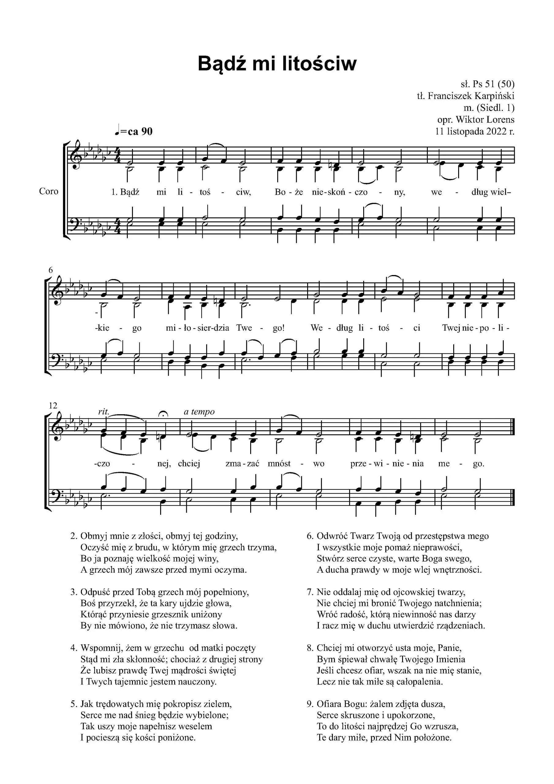 Bądź mi litościw – nuty na chór mieszany SATB w opracowaniu Wiktora Lorensa.