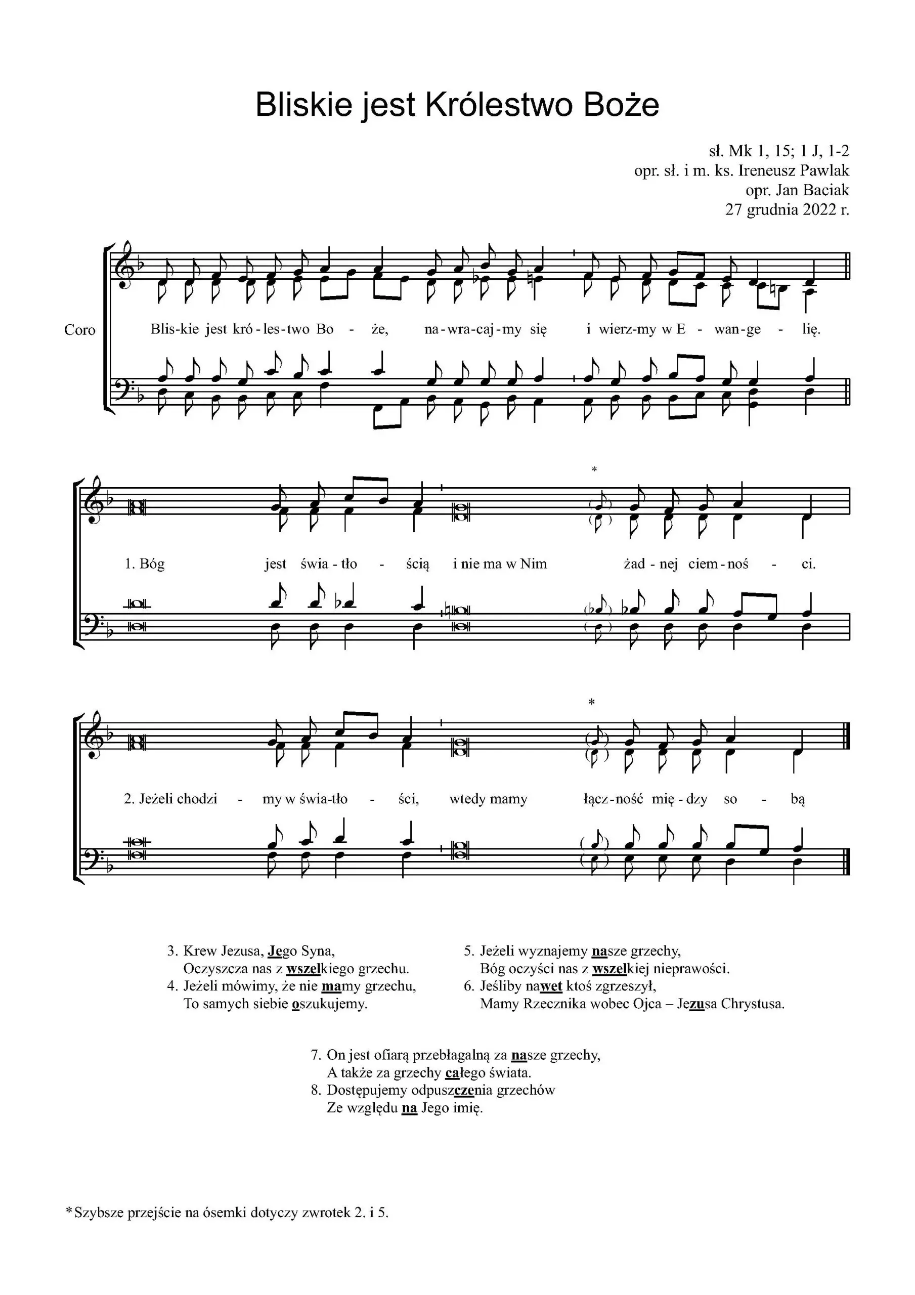 Nuty do pieśni „Bliskie jest Królestwo Boże” w opracowaniu na chór adFontem.