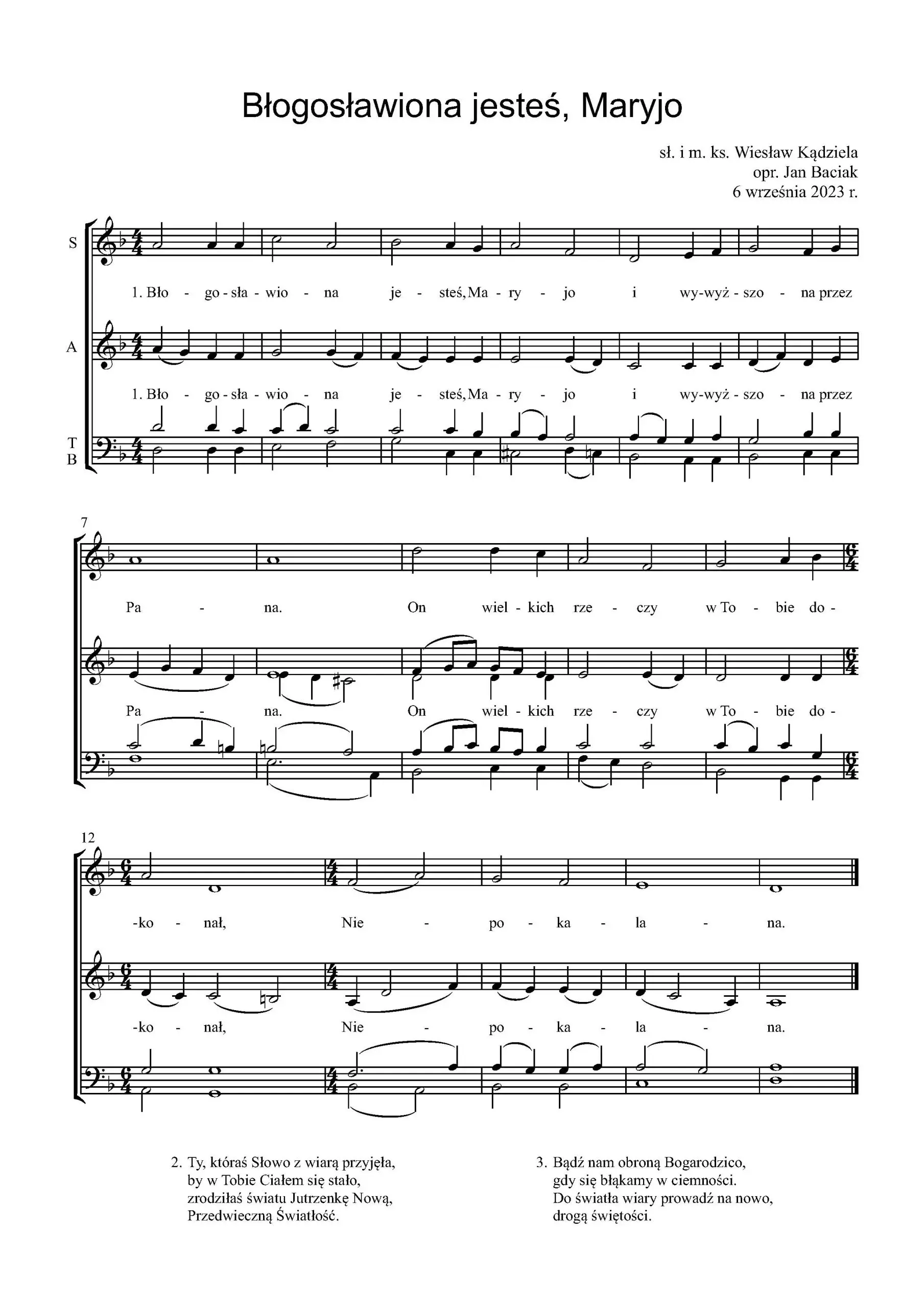 Nuty pieśni Błogosławiona jesteś Maryjo w opracowaniu chóralnym