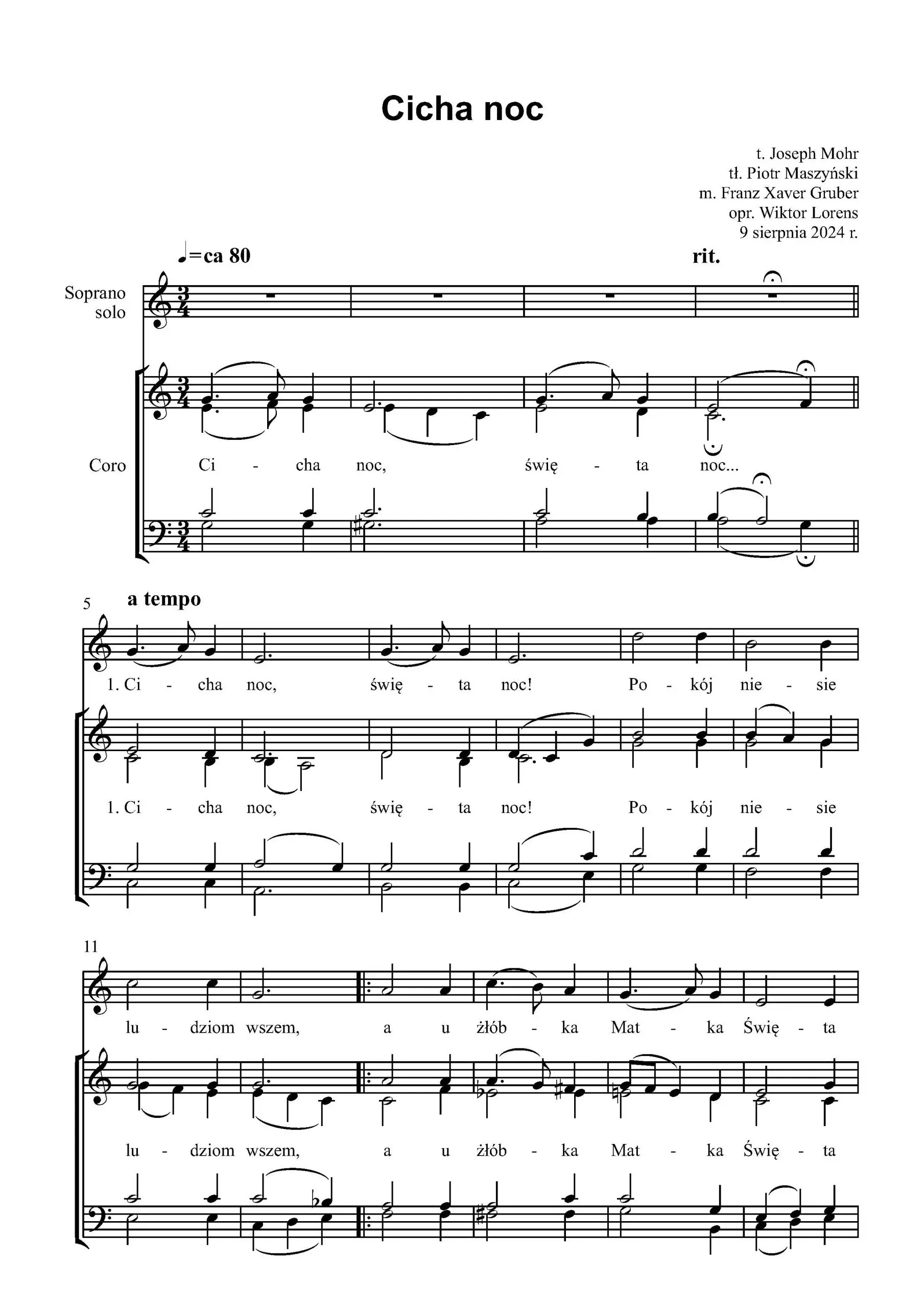 Nuty kolędy „Cicha noc” w opracowaniu chóralnym SATB autorstwa Wiktora Lorensa – strona 1.