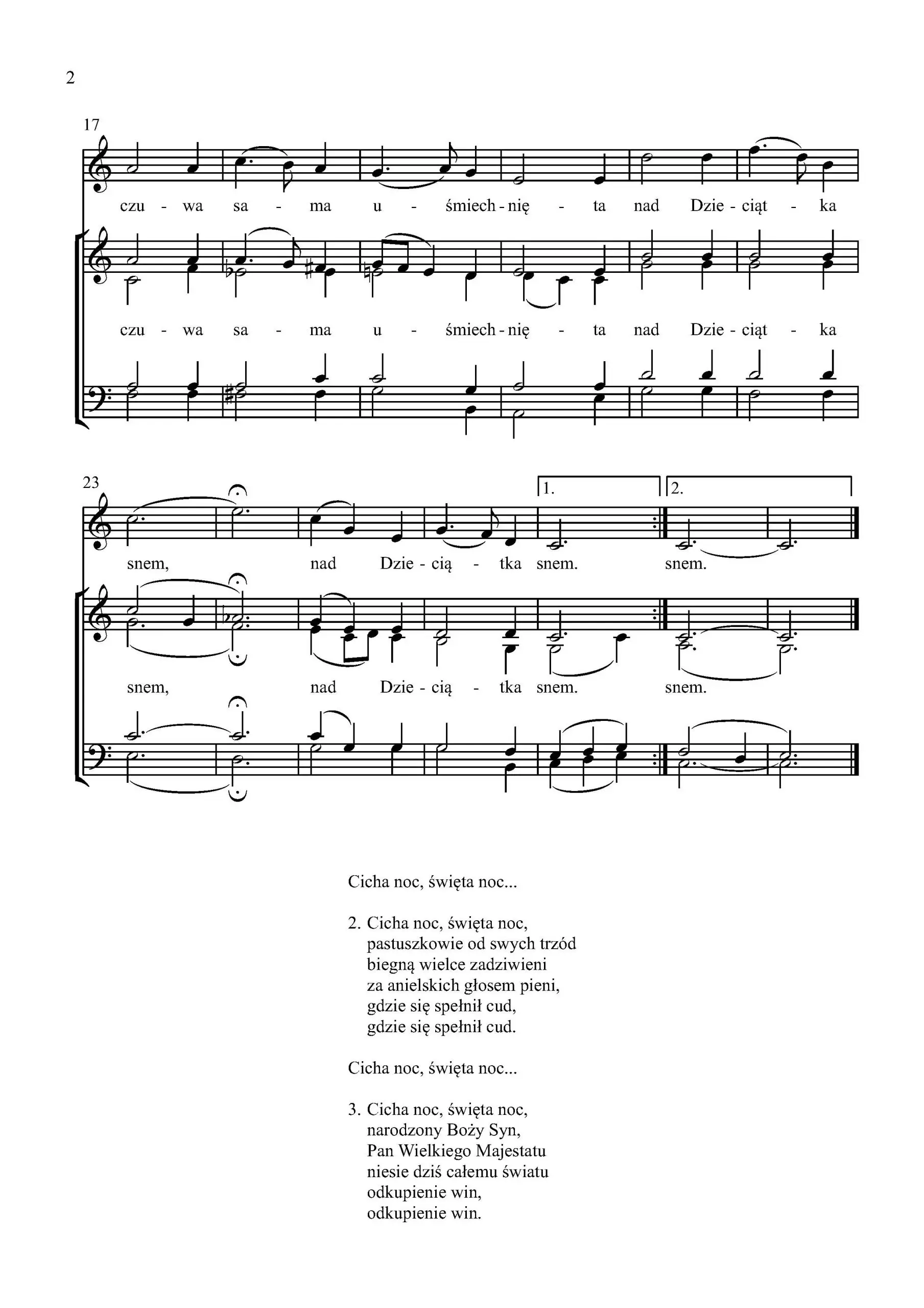 Nuty kolędy „Cicha noc” w opracowaniu chóralnym SATB autorstwa Wiktora Lorensa – strona 2.