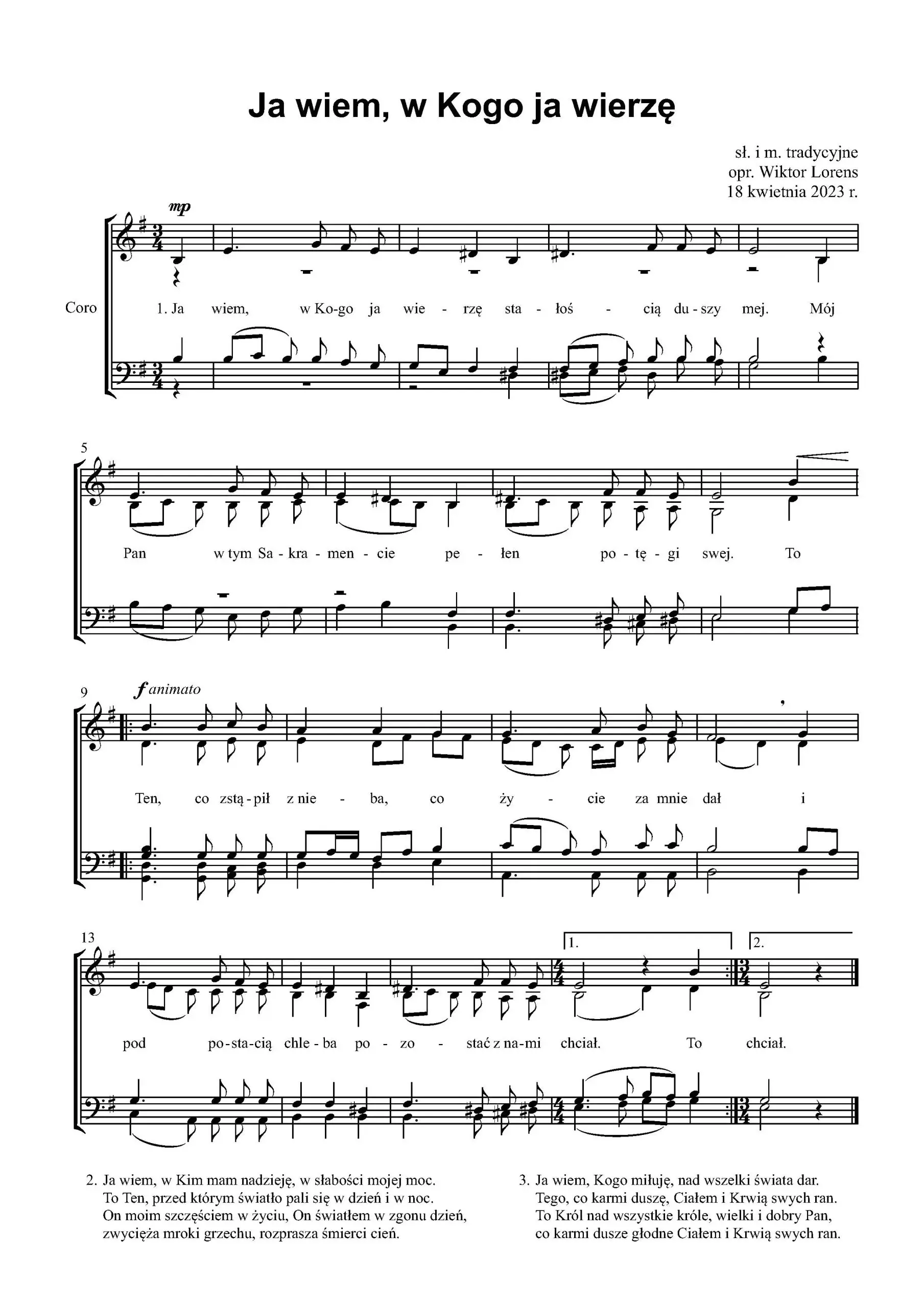 Nuty pieśni „Ja wiem, w Kogo ja wierzę” w chóralnym opracowaniu, zapis melodii i harmonii na arkuszu nutowym.