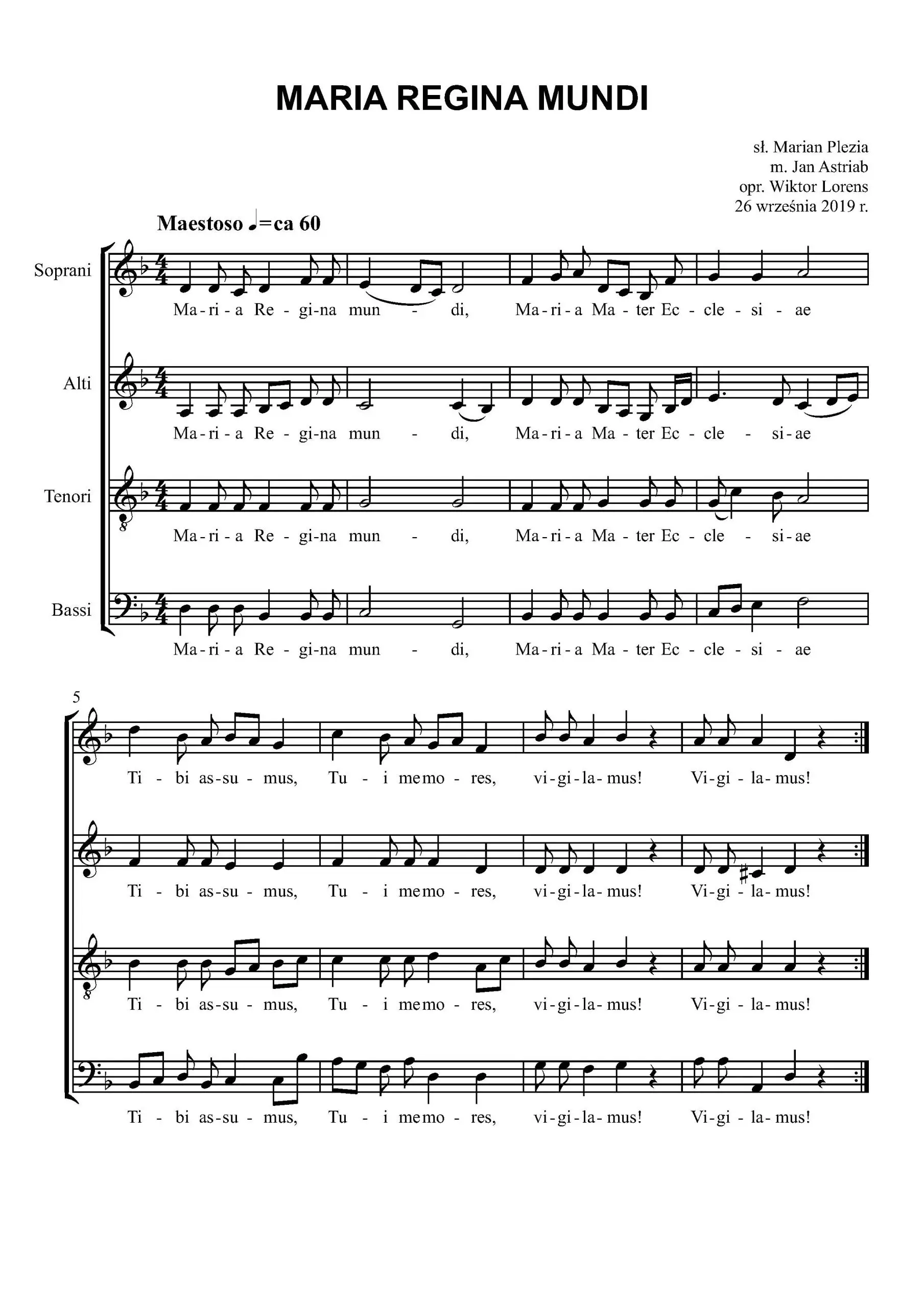 Nuty pieśni „Maria Regina Mundi” na chór