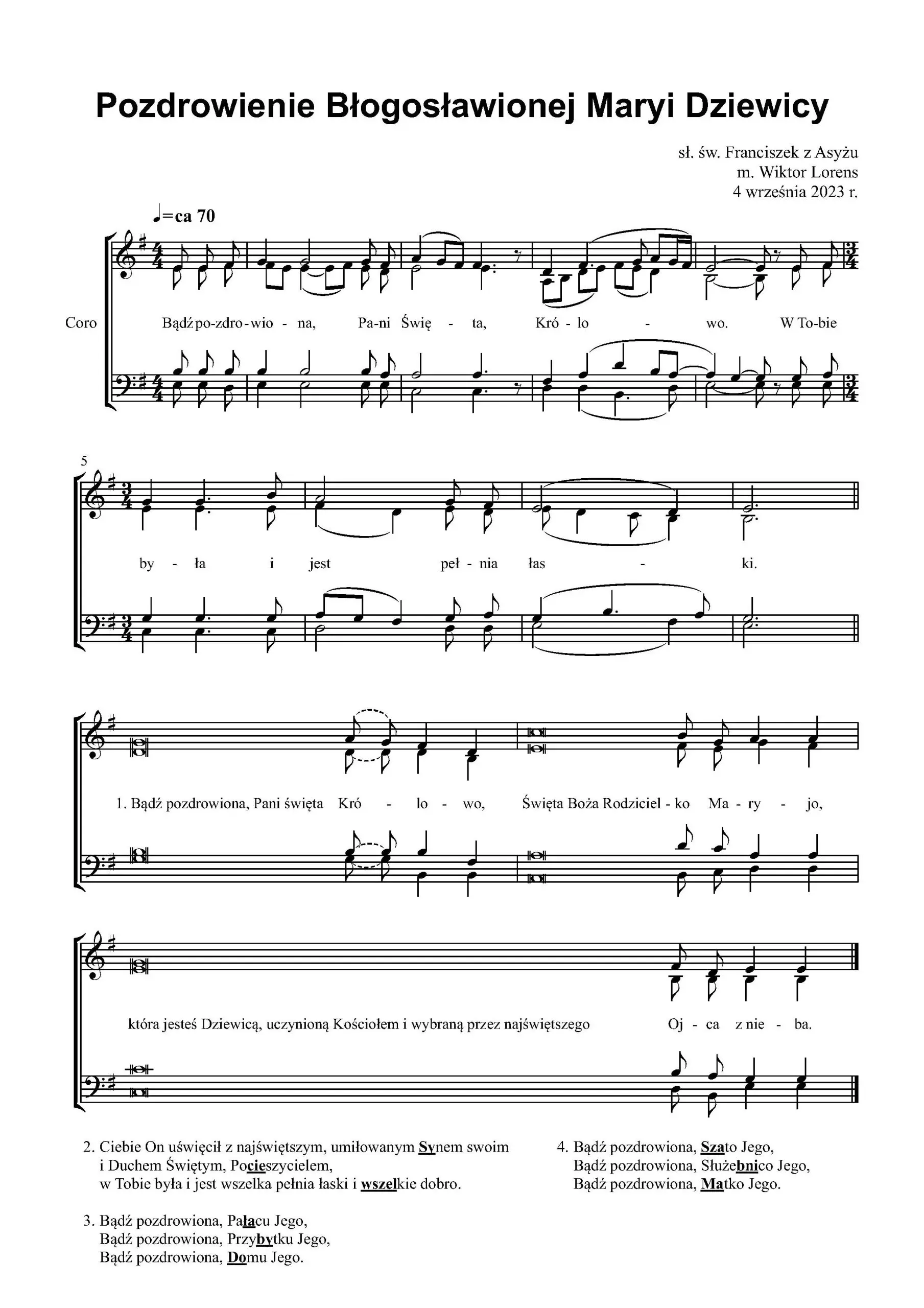 Nuty pieśni „Pozdrowienie błogosławionej Dziewicy Maryi” w opracowaniu chóralnym.