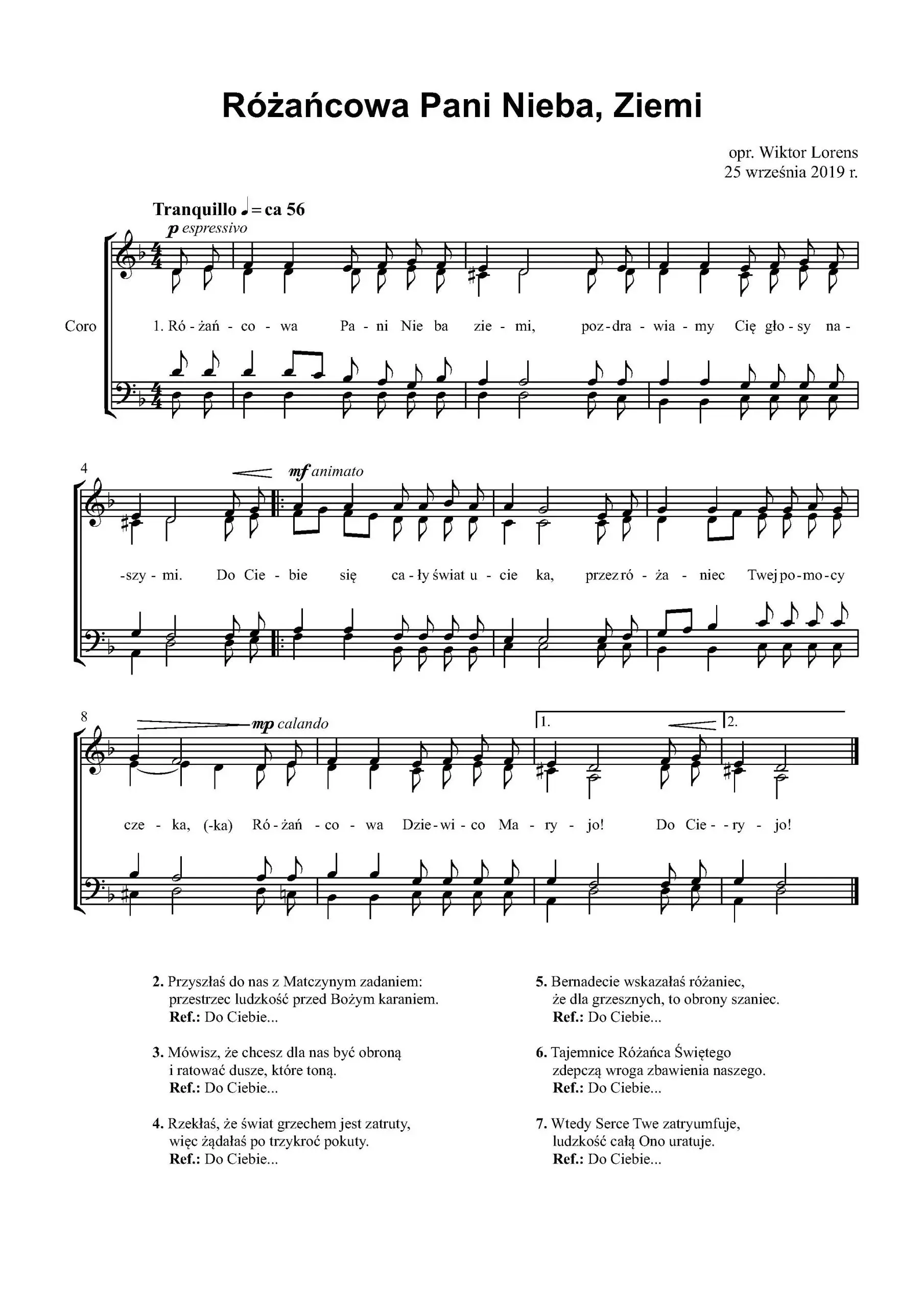 Nuty pieśni Różańcowa Pani Nieba Ziemi w opracowaniu chóralnym