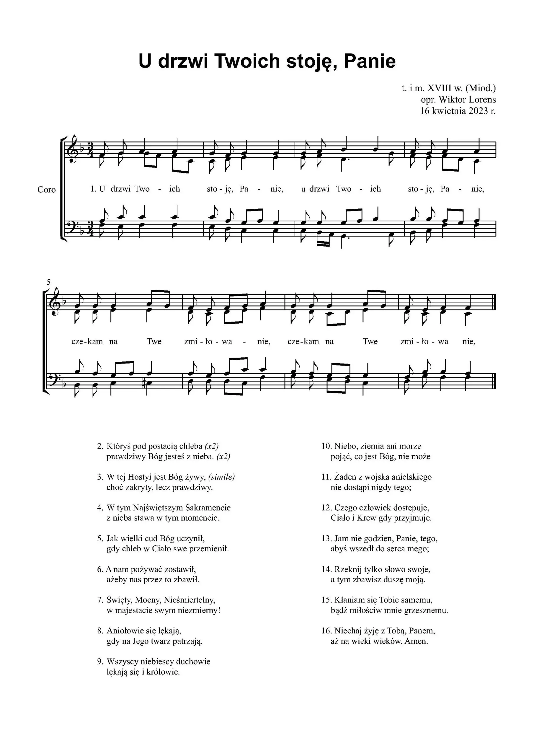 Nuty pieśni „U drzwi Twoich stoję, Panie” w opracowaniu chóralnym.