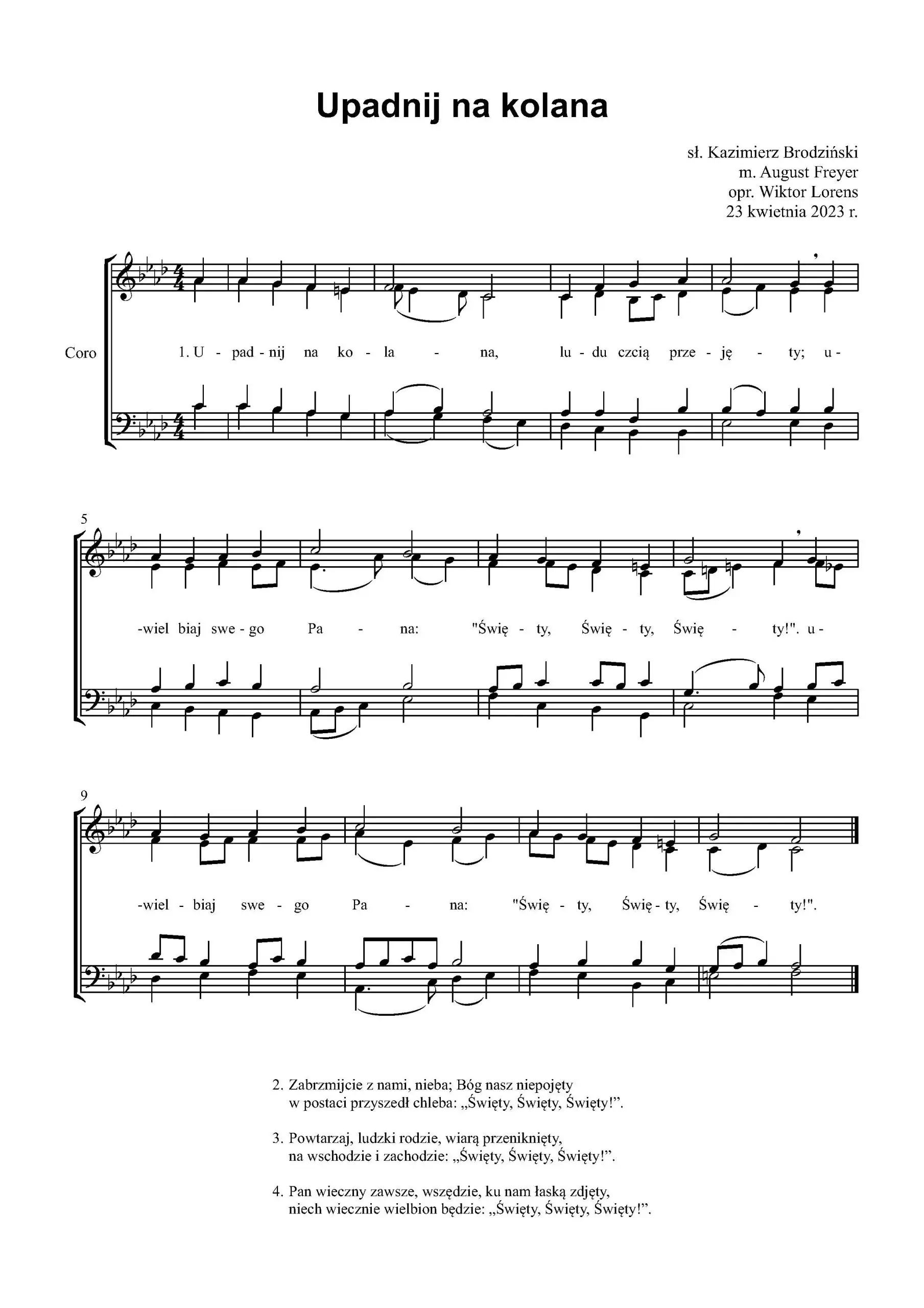 Nuty pieśni „Upadnij na kolana” w opracowaniu chóralnym.