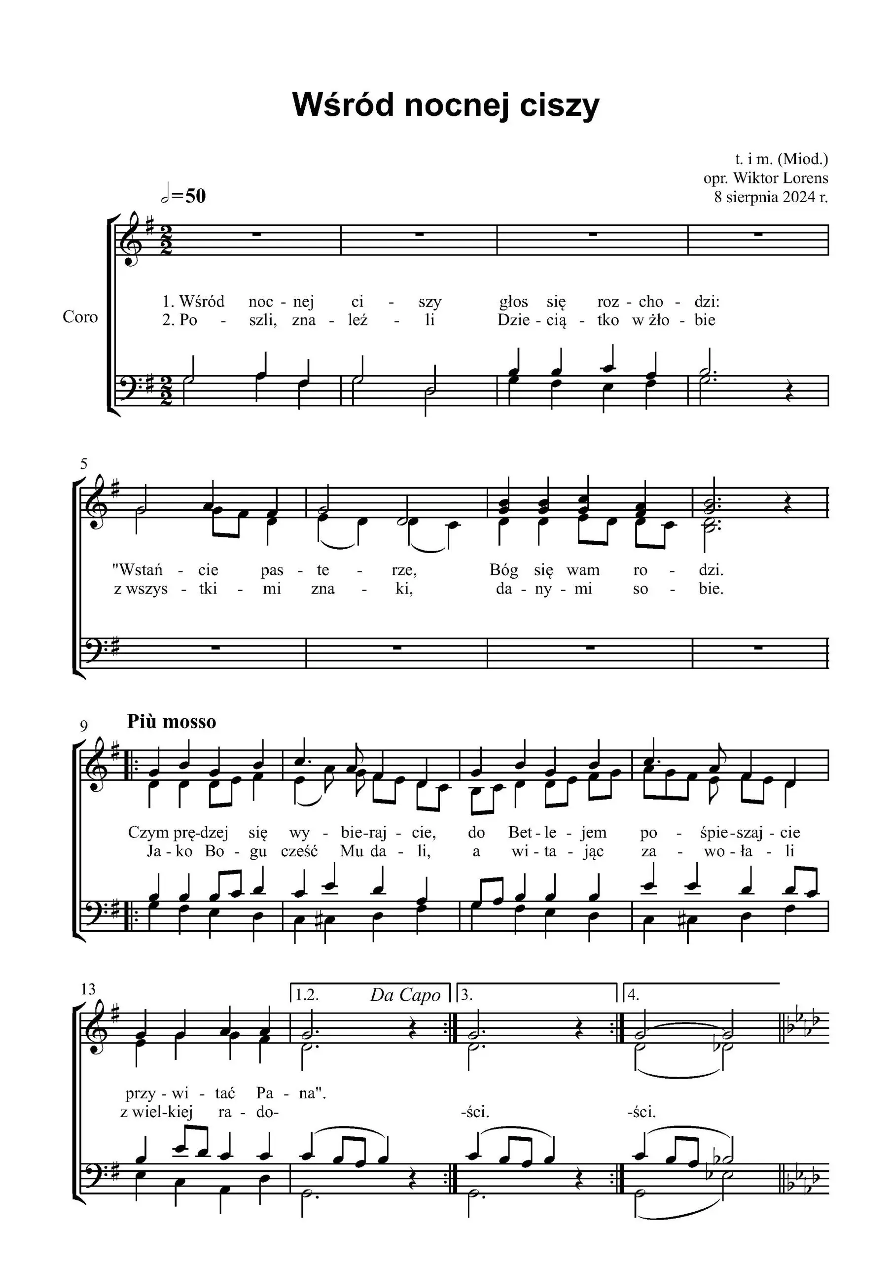 Wśród nocnej ciszy – nuty na chór mieszany SATB w opracowaniu Wiktora Lorensa.