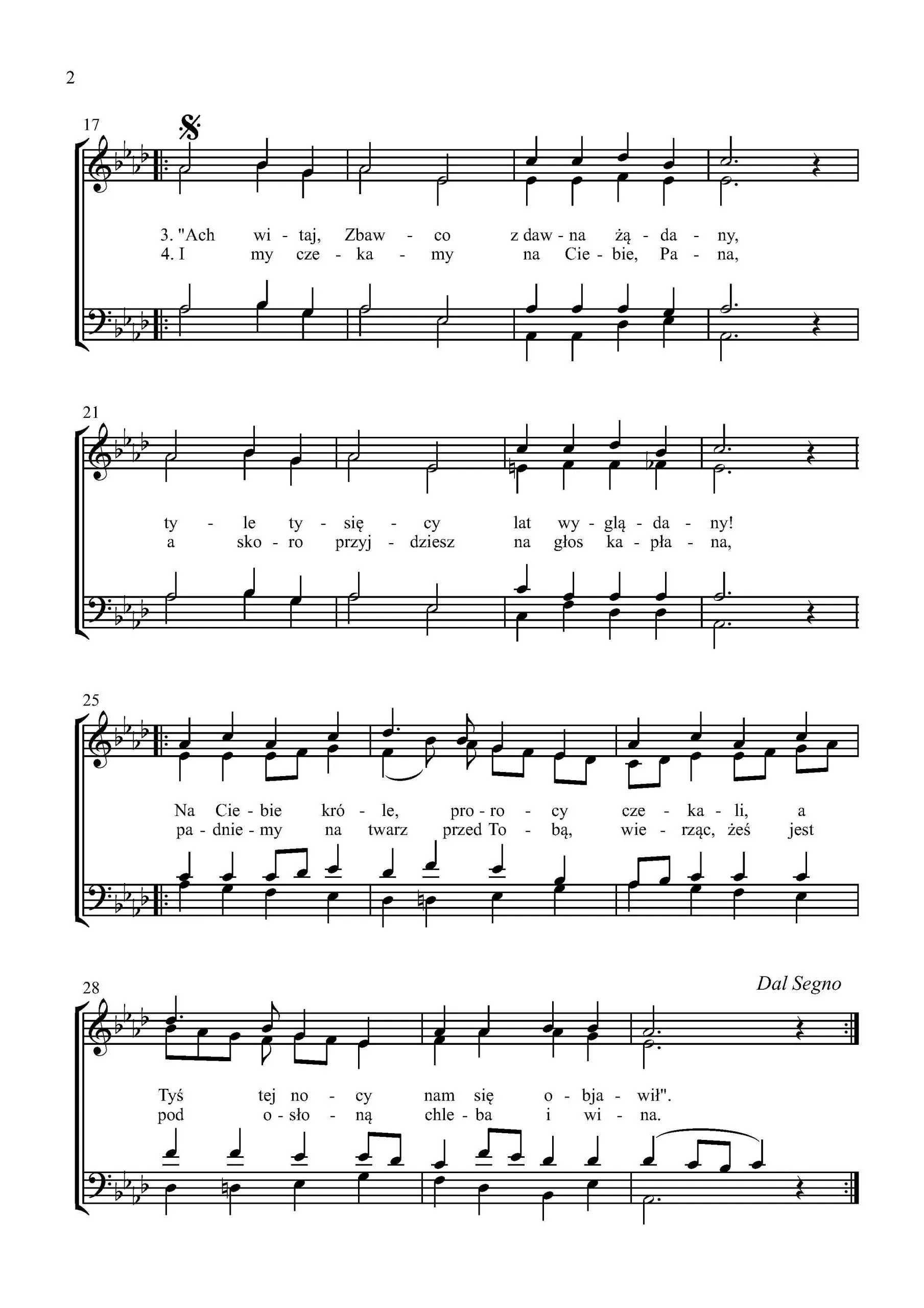 Wśród nocnej ciszy – druga strona nut na chór mieszany SATB w opracowaniu Wiktora Lorensa.