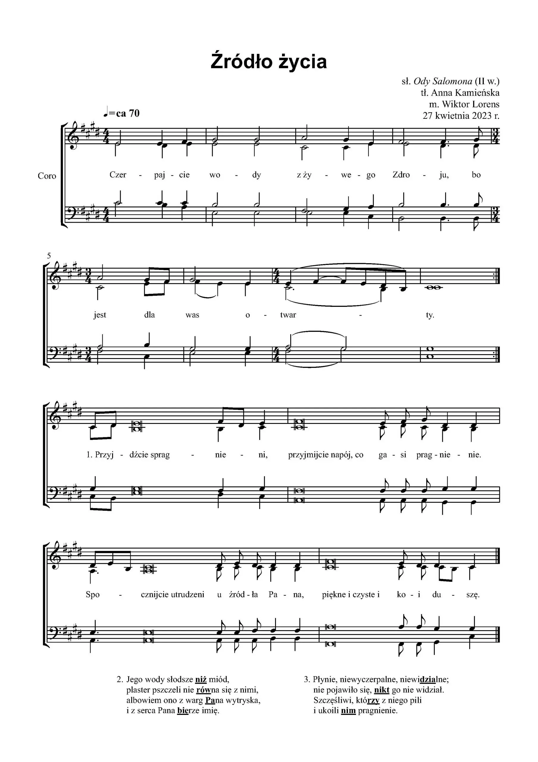 Nuty pieśni „Źródło życia” w opracowaniu chóralnym.