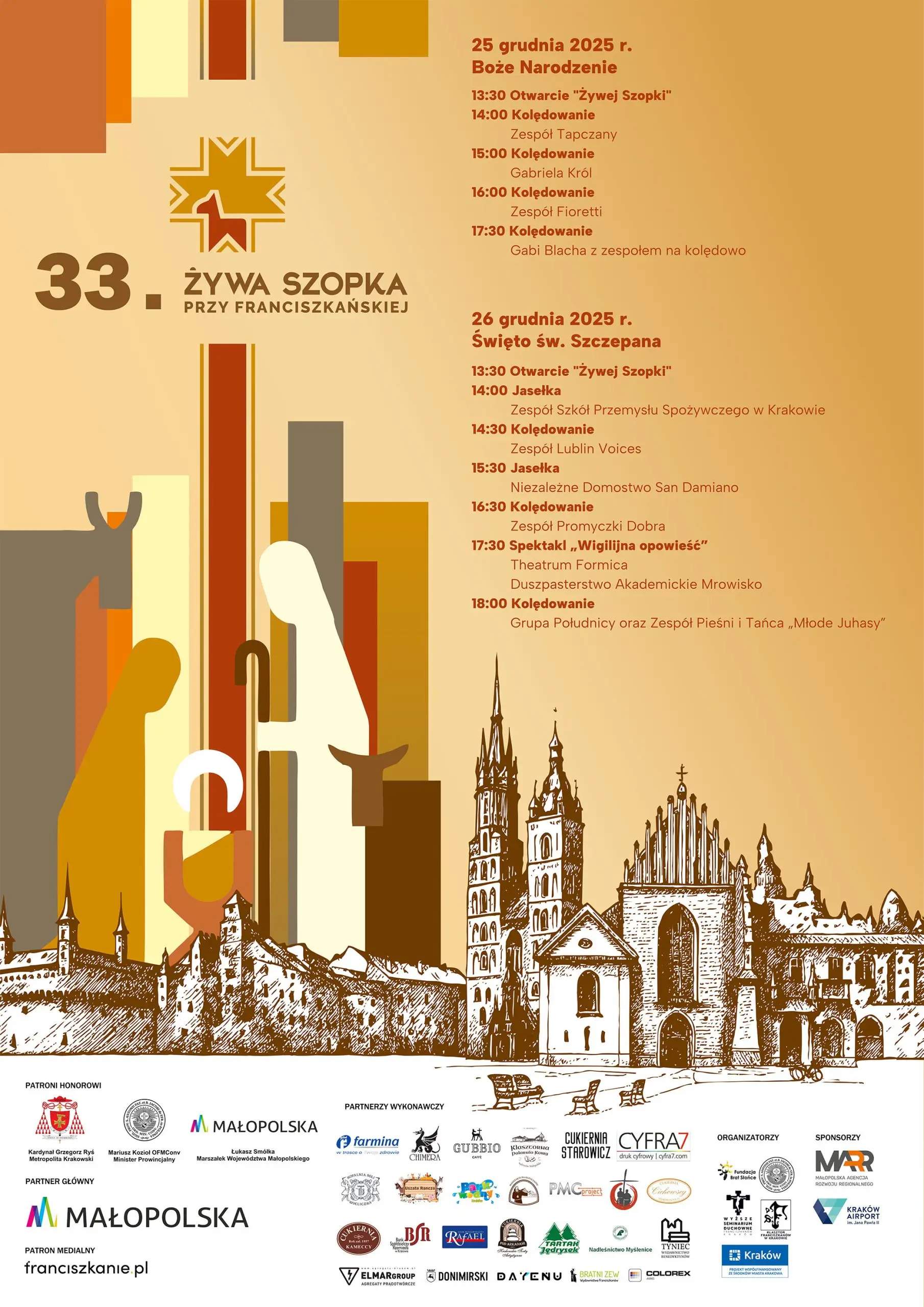 Plakat 33. Żywej Szopki przy Franciszkańskiej w Krakowie – program wydarzeń bożonarodzeniowych 25–26 grudnia 2025