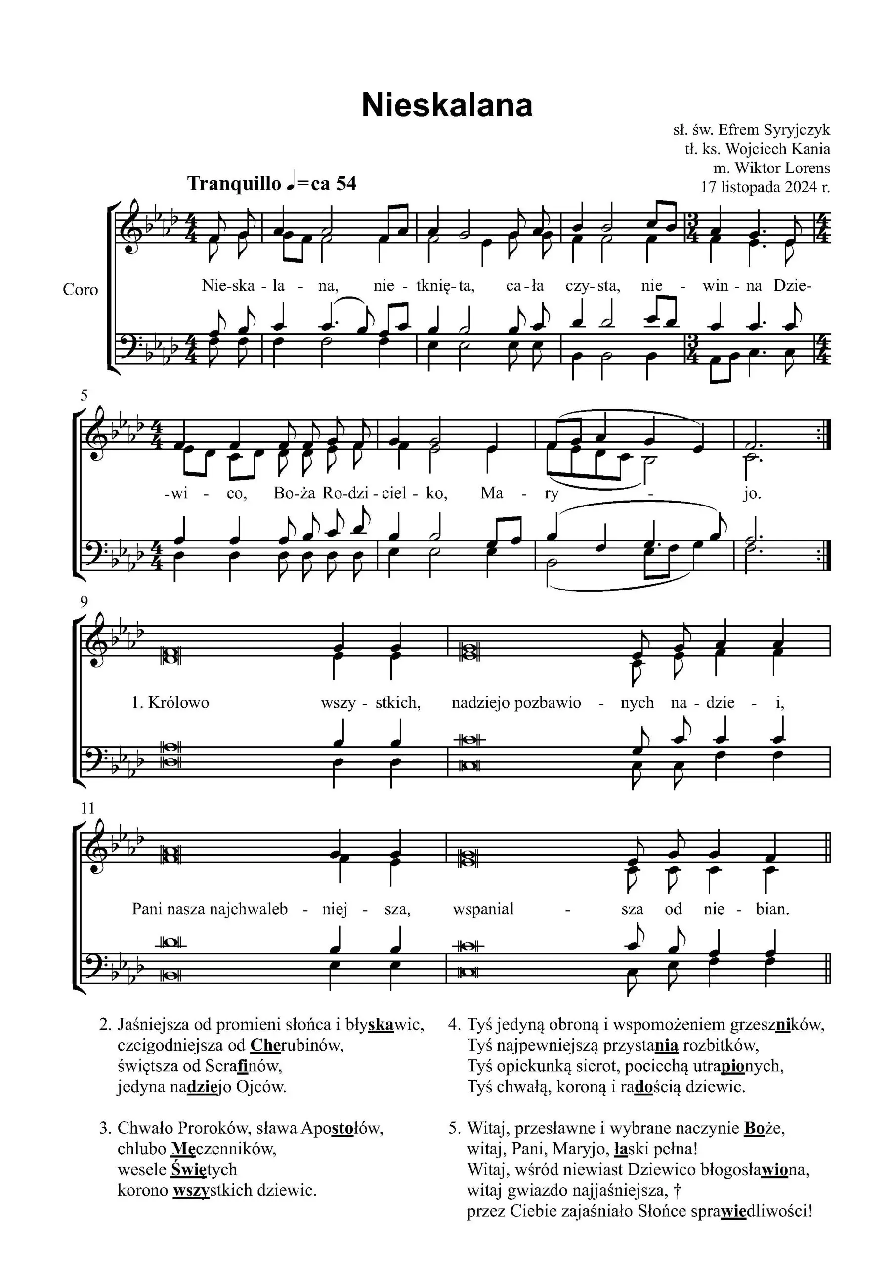 Nuty pieśni maryjnej „Nieskalana” autorstwa Wiktora Lorensa na chór.
