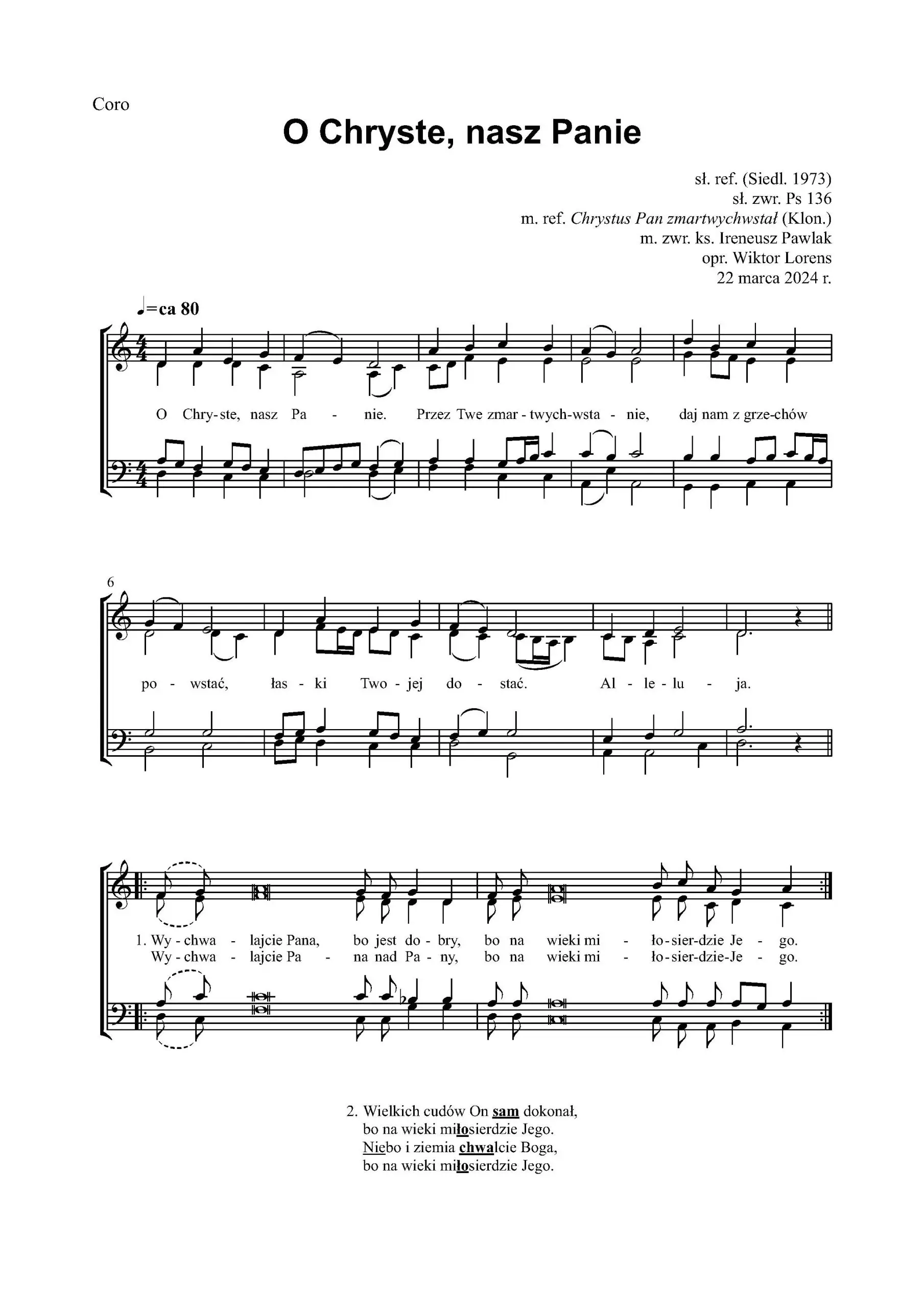 Nuty chóralne SATB do pieśni O Chryste, nasz Panie