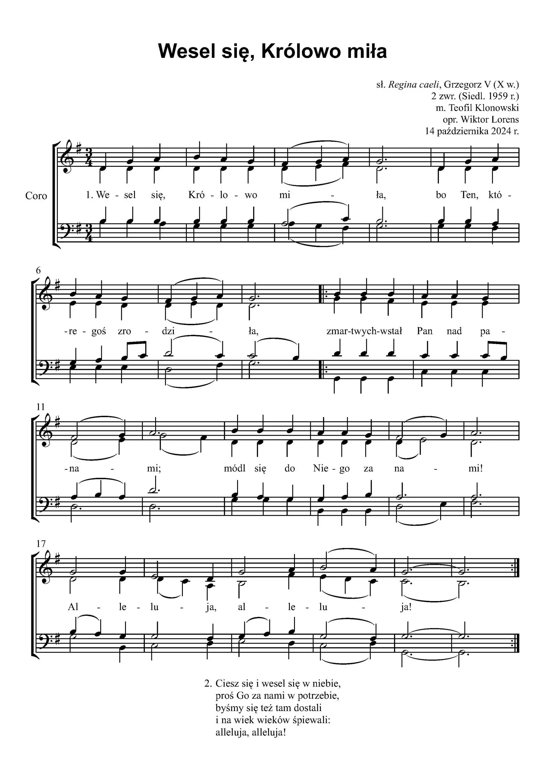 Nuty chóralne SATB do pieśni Wesel się, Królowo miła