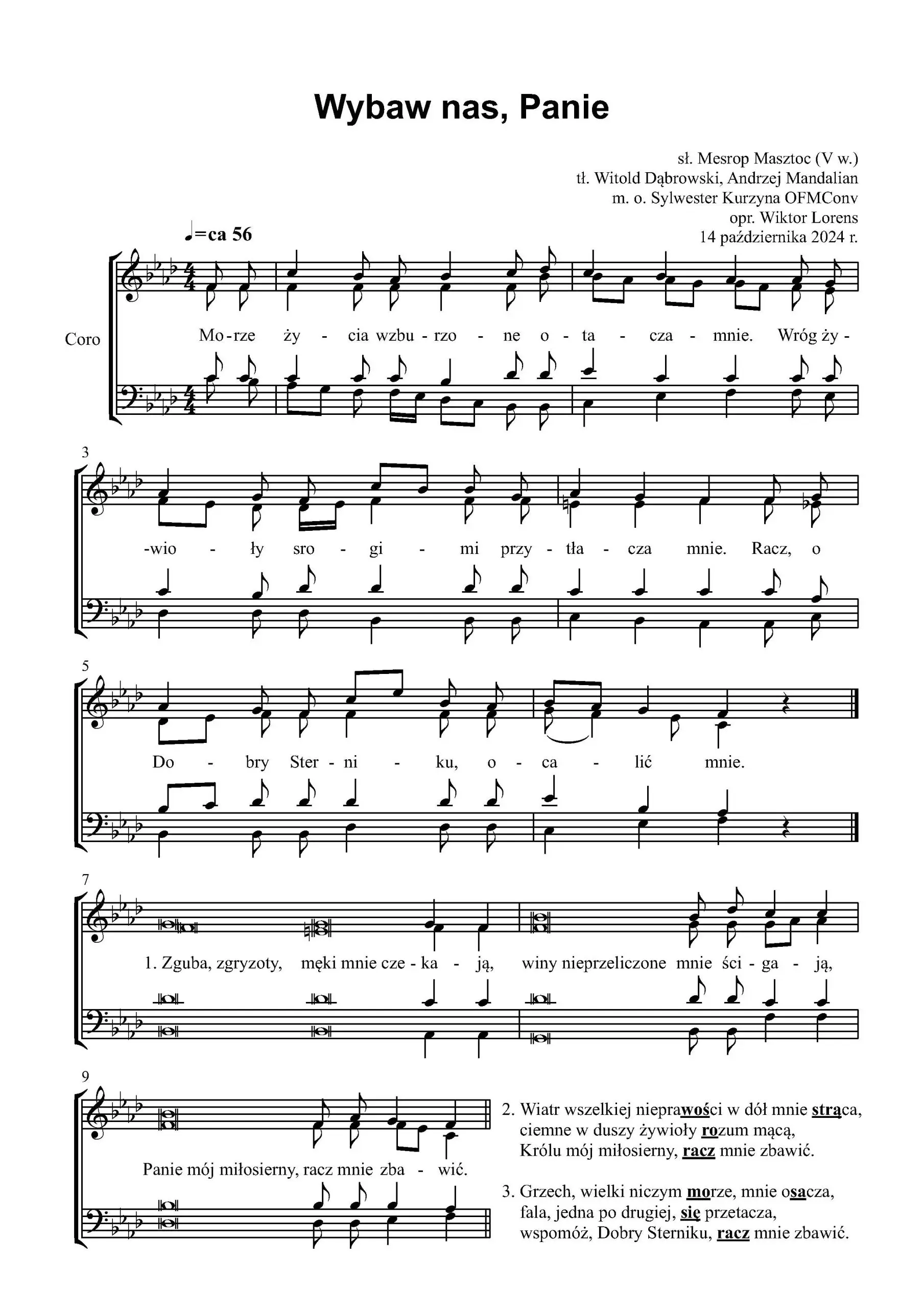 Nuty chóralne SATB do pieśni Wybaw nas, Panie