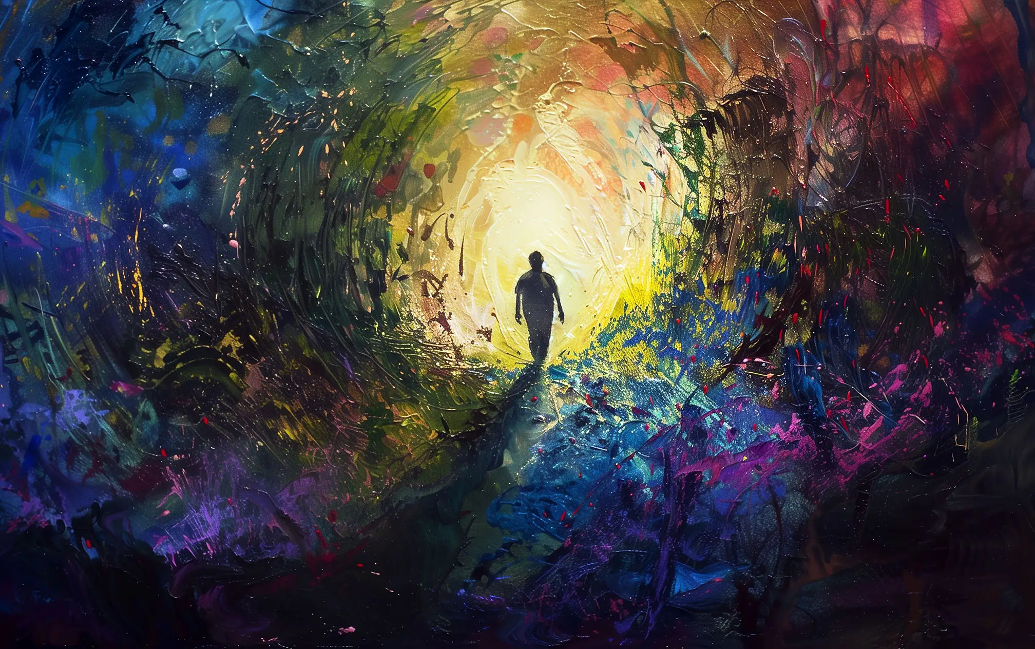 Sylwetka człowieka idącego w stronę jasnego światła – symbol drogi przez kryzys ku nadziei.