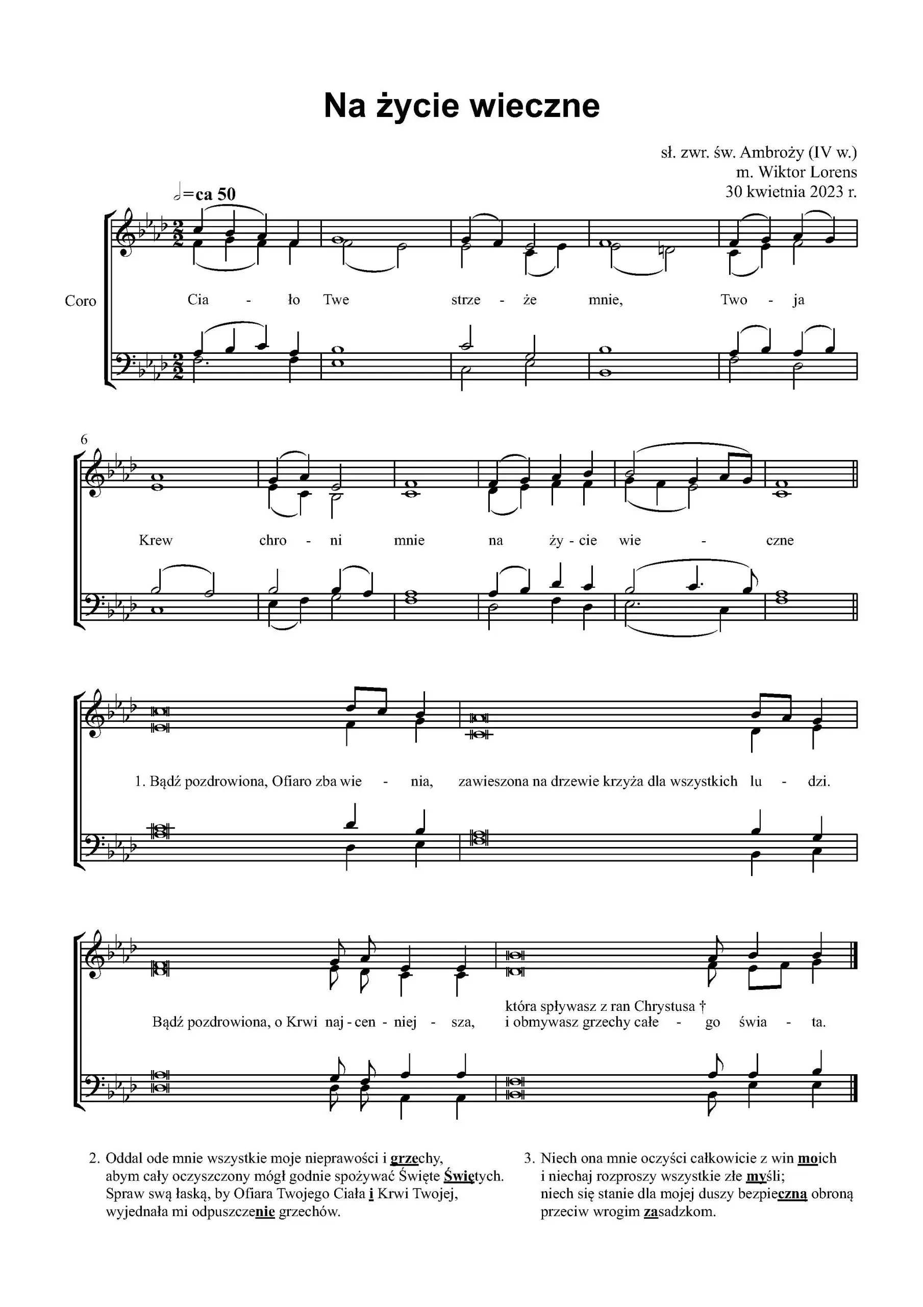 Nuty pieśni „Na życie wieczne” w opracowaniu chóralnym.