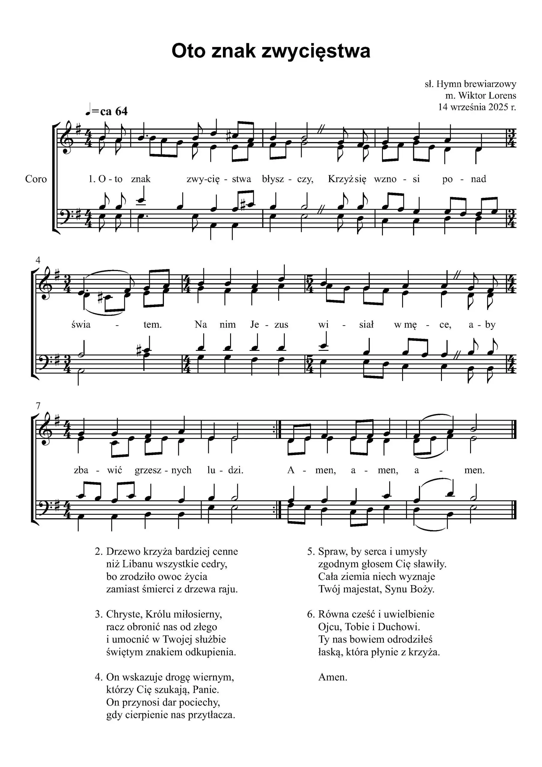 Partytura chóralna SATB hymnu brewiarzowego „Oto znak zwycięstwa” – zapis nutowy z tekstem.