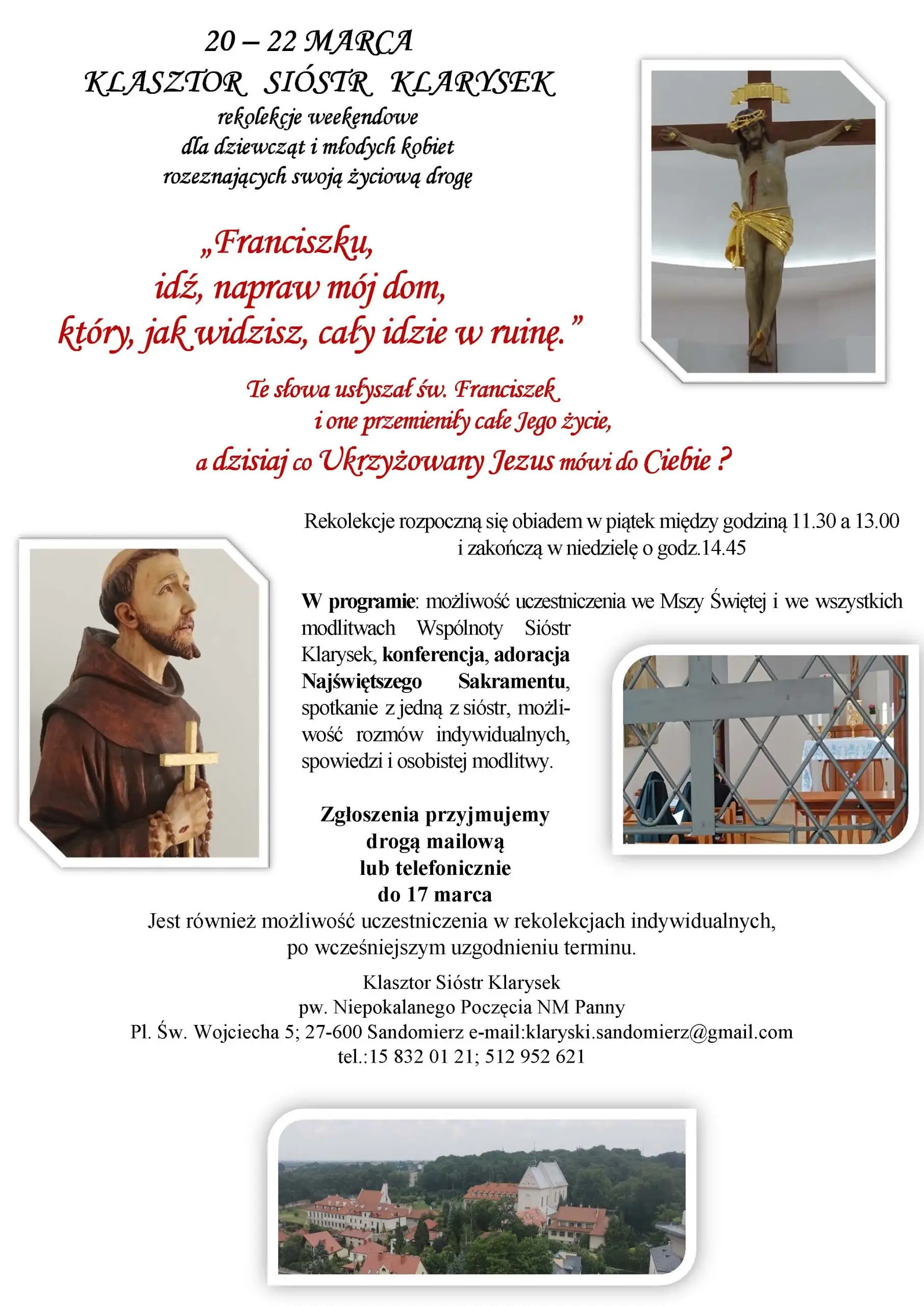 Plakat rekolekcji weekendowych dla dziewcząt i młodych kobiet w Klasztorze Sióstr Klarysek w Sandomierzu, 20–22 marca