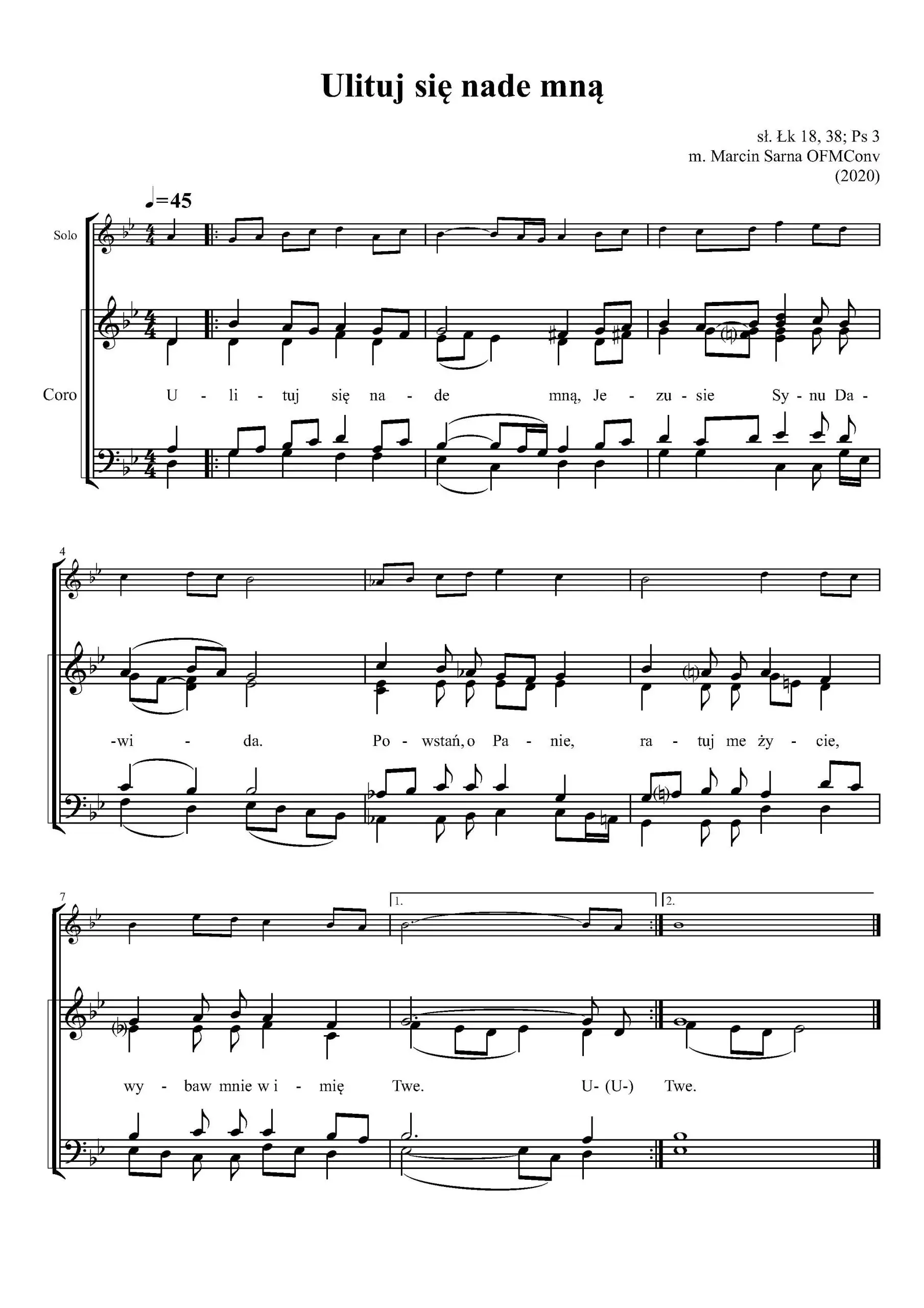 Nuty SATB do pieśni „Ulituj się nade mną” Marcina Sarny OFMConv