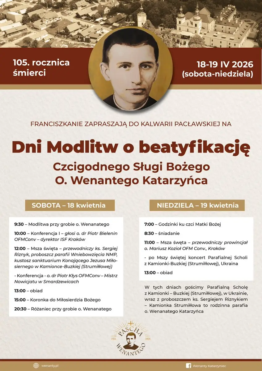 Plakat Dni Modlitw o beatyfikację o. Wenantego Katarzyńca w Kalwarii Pacławskiej, 18–19 kwietnia 2026