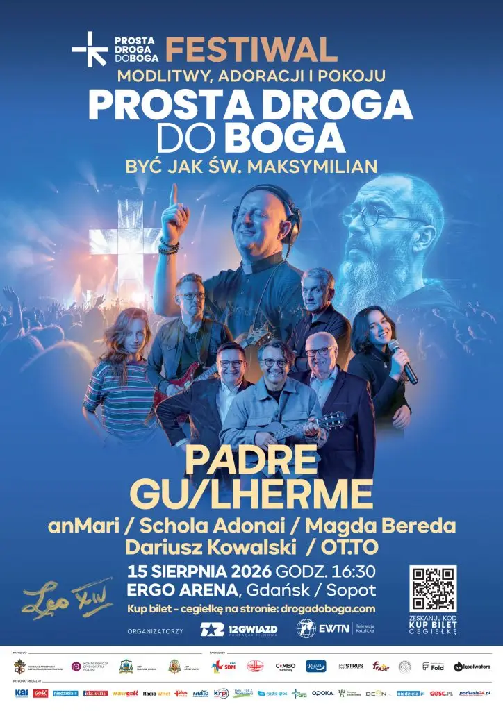 Plakat festiwalu Prosta droga do Boga w Ergo Arenie z udziałem Padre Guilherme i innych artystów – 15 sierpnia 2026