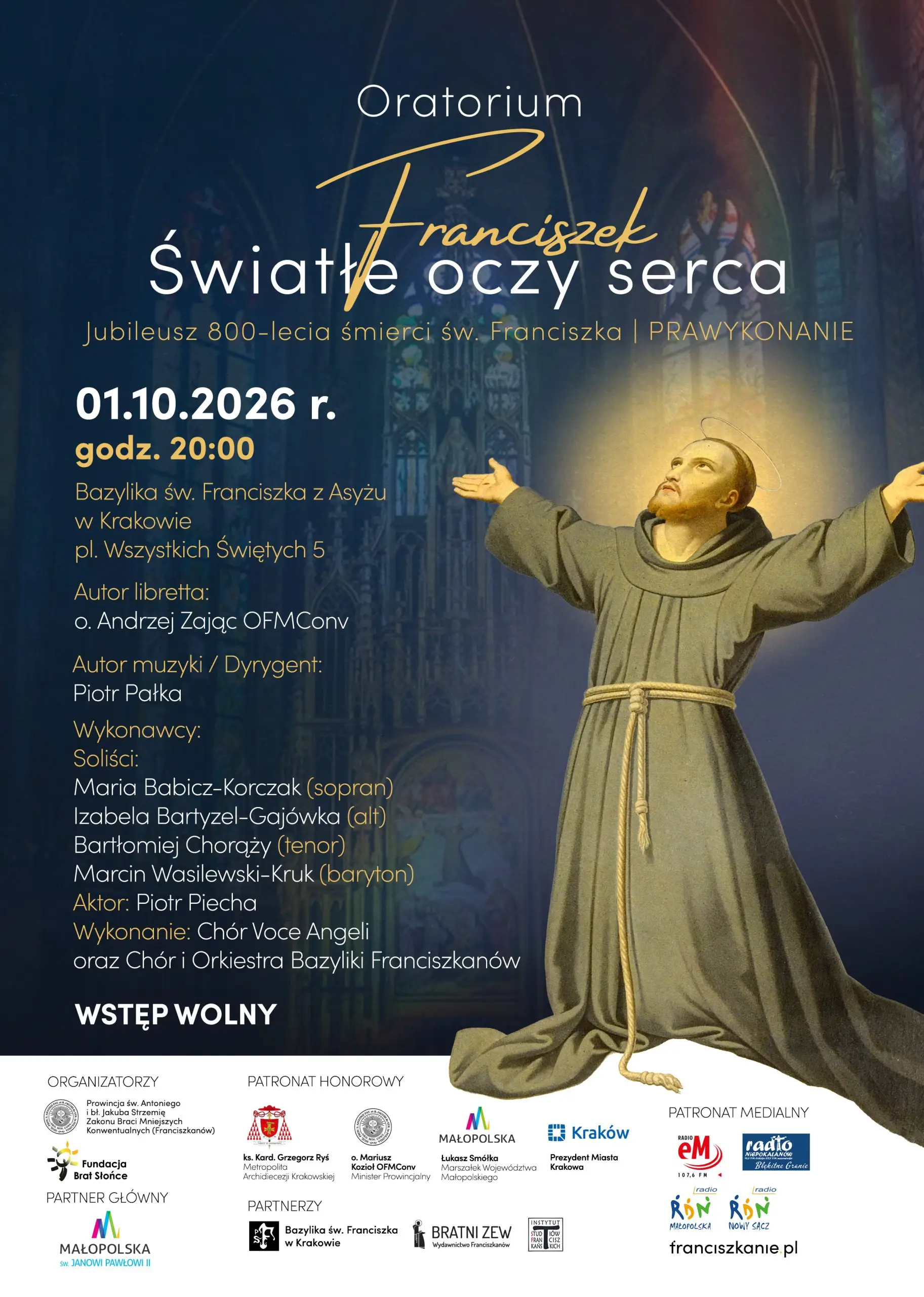 Plakat oratorium „Franciszek. Światłe oczy serca” w Krakowie, 1 października 2026